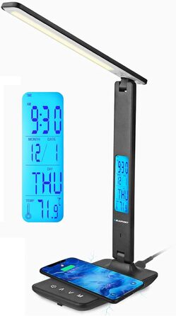 LED-лампа Blaupunkt на стіл з бездротовим зарядним пристроєм, USB-порт, регулювання яскравості, 5 кольорів, регульований кріплення, для офісу та читання, LCD-дисплей (годинник, календар, термометр), чорний