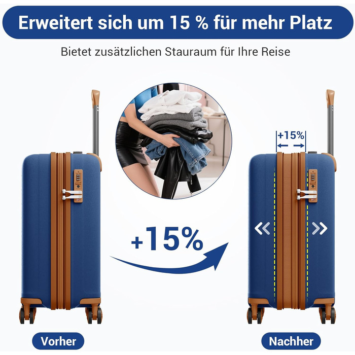 Чемодан KONO великий з підсклянником, жорсткий, легкий, з поліпропілену, розширюваний, з 4 колесами та TSA замком, чорний/коричневий (темно-синій/коричневий, M)