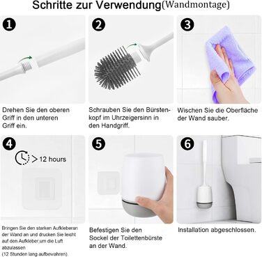 Силіконова щітка для унітазу Klobürste з тримачем, монтаж на стіну/підлогою, швидковисихаючий набір для ванної кімнати – білий (сірий та білий)