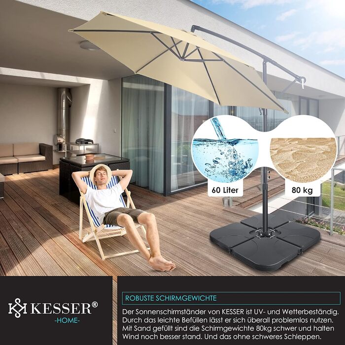 KESSER® Parasol Stand 4-Piece Umbrella Weight Umbrella Stand for Gazebo Umbrella Ground Cross 60 Liter / 80 kg Fillable with Water or Sand Includes Metal Connector Gazebo Umbrella Stand Plastic,