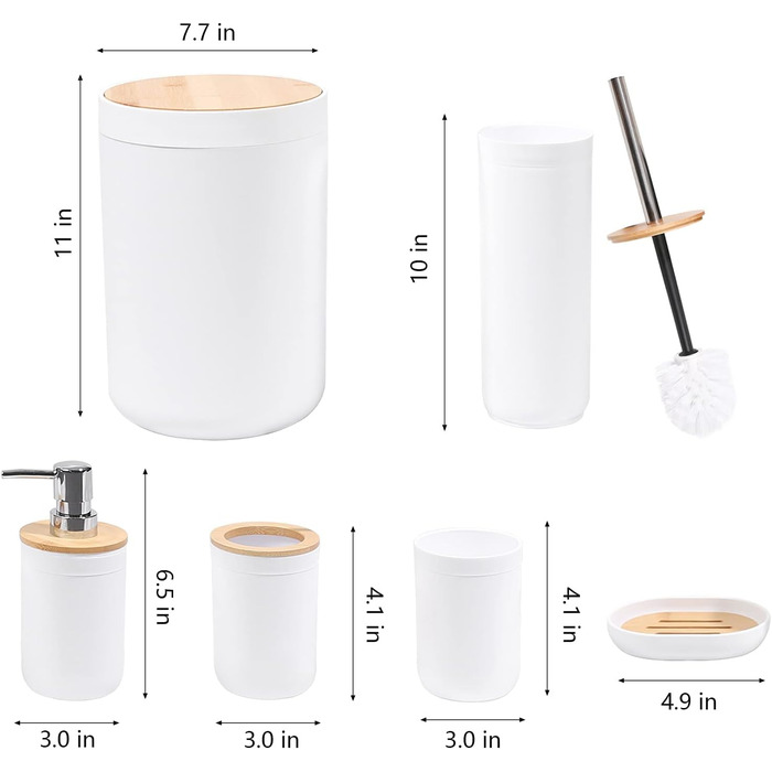 Набір для ванної кімнати MissFox 6 предметів: мильниця, дозатор миючого засобу, сміттєвий бак, тримач для зубних щіток, бачок для води, точилка для унітазу, бамбук, білий