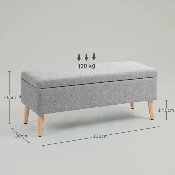 HOMCOM Лавка з оббивкою та місцем для зберігання 110 x 39 x 45 см сірого кольору з текстурою льону для передпокою, спальні, вітальні, виготовлена з гумового дерева.