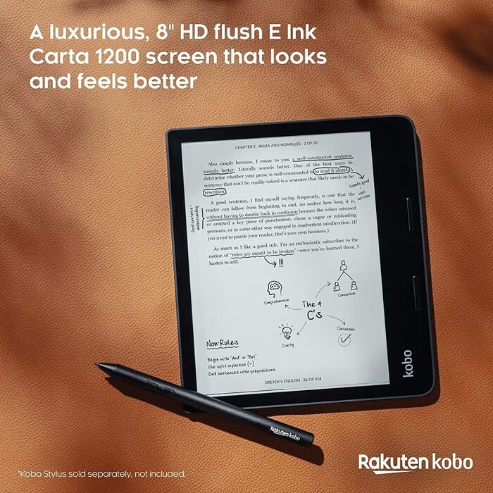 Kobo Sage: Електронна книга з 8-дюймовим HD-екраном Carta E Ink, водонепроникність, Bluetooth, Wi-Fi, 32GB, регулювання яскравості та колірної температури, фільтр блакитного світла