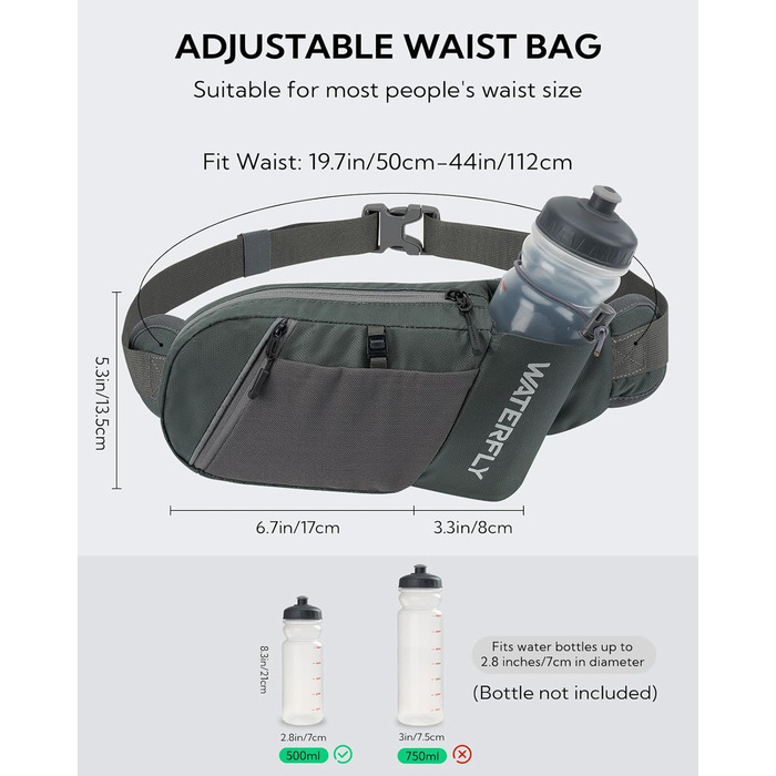 WATERFLY Поясна сумка на пояс для чоловіків та жінок з тримачем для пляшки: спортивна, стильна, для бігу, прогулянок, з собакою, подорожей, велосипеда (сіра)