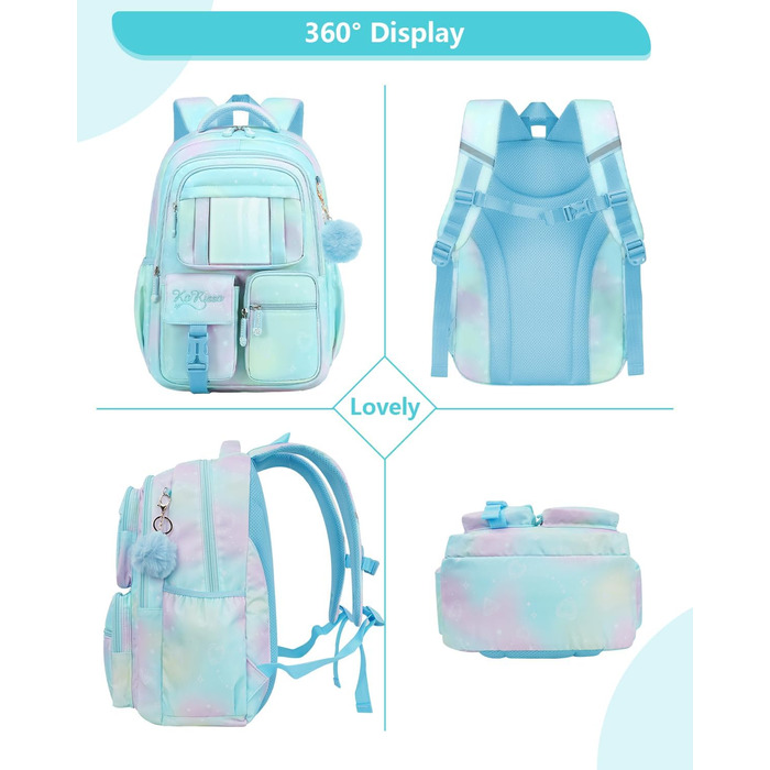 Рюкзак для дівчинки Tanou - шкільний ранець для 1-4 класів, дихаючий, водовідштовхуючий, нейлон, блакитний
