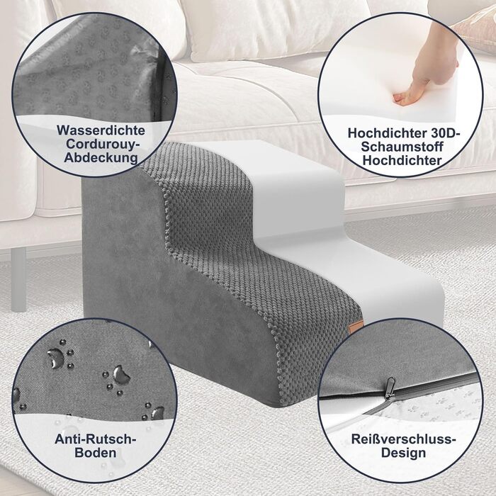 Masthome Dog Stairs for Small Dogs, 4 Steps Pet Stairs with Washable Cover, 52cm High Cat Stairs for High Beds, Dog Ramp Ladder, Removable, Black (Dog Stairs 2 Steps - Grey)