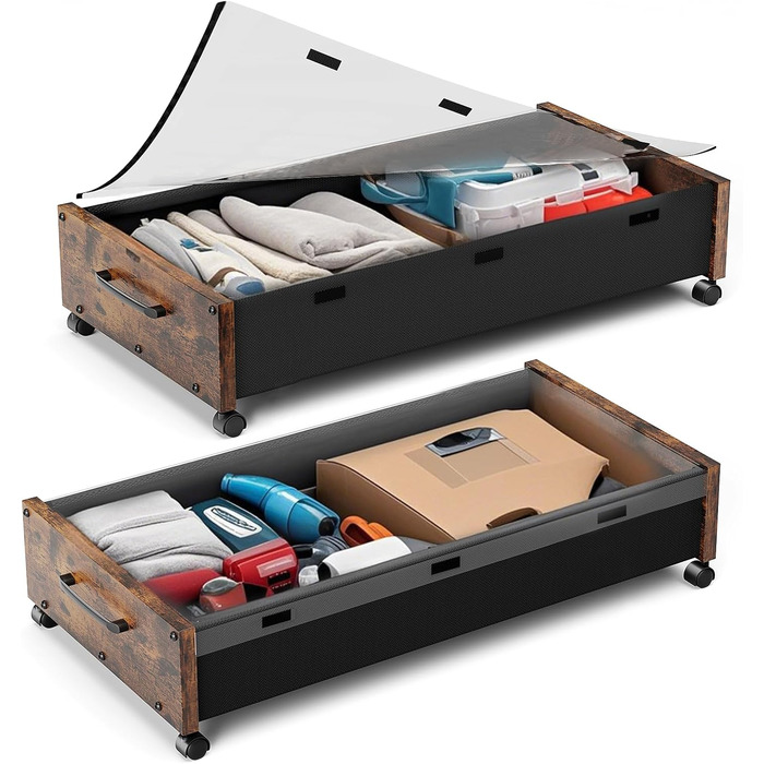 Комод під ліжко на колесах, 2 шт, дерев'яні контейнери для зберігання, великий розмір, органайзер під ліжко, ящики з прозорою кришкою, міцний для одягу (Вінтаж Коричневий)