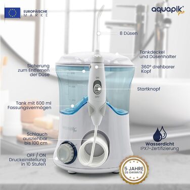 Іригатор для порожнини рота Munddusche PRO | Aquapik® | Професійне очищення зубів, видаляє наліт, рекомендовано стоматологами, для імплантів та брекетів | 8 насадок, 10 рівнів тиску, 600 мл (Білий)