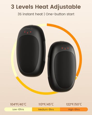 Електричні грілки для рук 2 шт. з підзарядкою, багаторазові, 3 режими нагріву, портативні, для жінок та чоловіків, для відпочинку на природі, кемпінгу, гольфу, полювання, чорного кольору