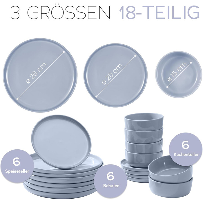 Набір посуду Feinsteinzeug на 6 осіб, 18 частин: міцний та стійкий до подряпин, бежевий глянцевий | Тарілки, тарілки для десерту та миски для 6 осіб - Magnetiks (Лавандова Мгла | 18 частин)