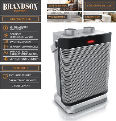 Електричний обігрівач Brandson з 2 рівнями потужності, регулюванням температури, функцією вентилятора, захистом від перегріву та обертанням | 1800 Вт, сертифікат GS, сірий та срібний колір