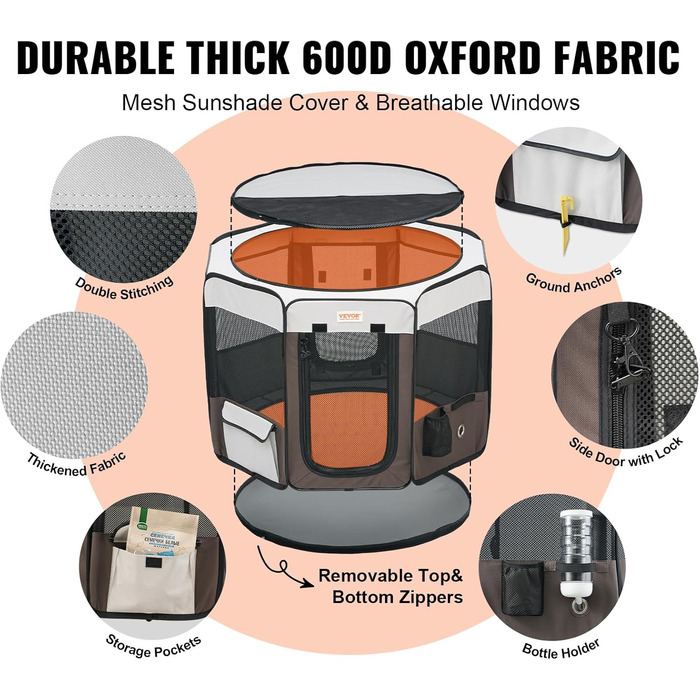 Вольєр для цуценят VEVOR, складаний, 914 x 914 x 584 мм, з мискою, 600D Oxford, для собак та інших дрібних тварин, чорний