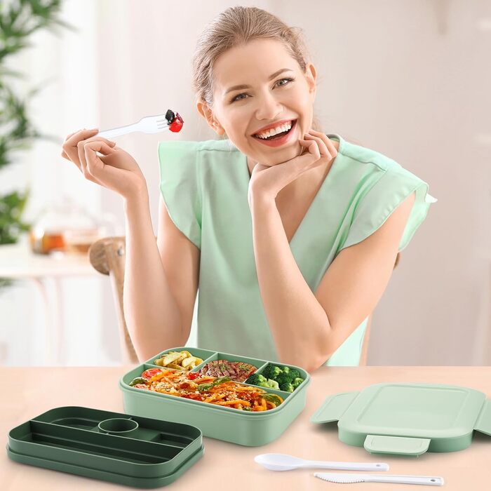 Ланчбокс Sinnsally для дорослих, 2000 мл з відділеннями, бенто-бокс, ланчбокс з посудом, виїздний ланчбокс, виїздний ланчбокс, герметичний ланчбокс, ланчбокс для сніданку, зелений