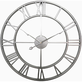 Samilito Large Wall Clock in Vintage Style, Round, Silent. Free with it: ONE extra set of black clock hands. Metal clock for Loft, Living Room, Bedroom and Kitchen decoration (60 cm, Silver)