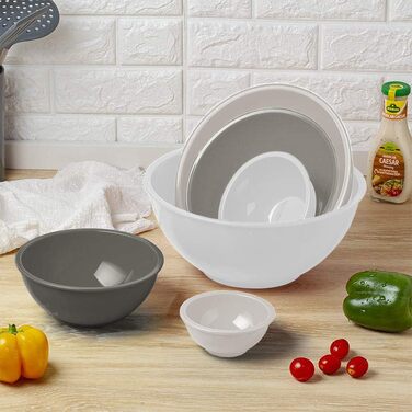 Набір мисок для перемішування BoxedHome з кришками, 12 штук. Пластикові миски для салату, неслизькі, стекові сервіровочні миски для кухні (6 мисок та 6 кришок, білий сірий)