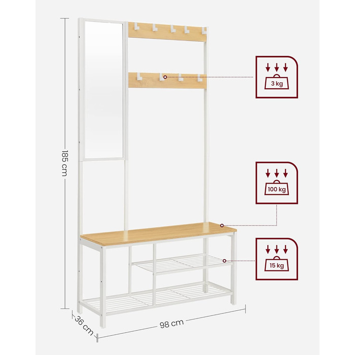 VASAGLE Coat Rack, Coat Stand with Hooks, Clothes Rack with Mirror, Shoe Bench and Shelves, 36 x 98 x 185 cm, for Entryway, Bedroom, Living Room, Vintage Brown-Black HSRAM050B01 (Oak Color + White)