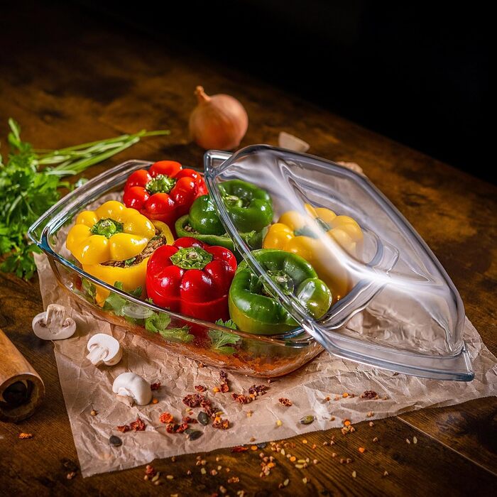 Форма для запікання KADAX 5л зі склокераміки з кришкою та ручками – прямокутна, жароміцна посудина для тушкування та випікання, ідеальна для лазаньї, м'ясних страв, підходить для духовки та електроплити 5л