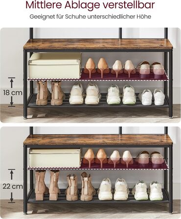 VASAGLE Clothes Rack, Coat Rack, Coat Stand with Hooks, Mirror, Bench, 35 x 98 x 180 cm, for Entryway, Bedroom, Living Room, Modern, Oak-White HSR415W09 (Rustic Brown + Black)