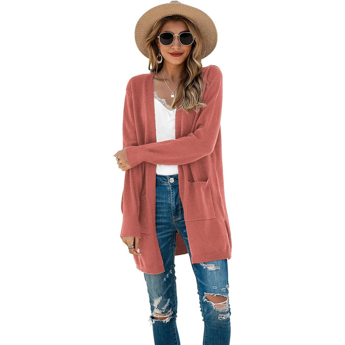 Кардиган жіночий Saodimallsu трикотажний, довгий, легкий, однотонний, з кишенею, темно-рожевий, розмір M