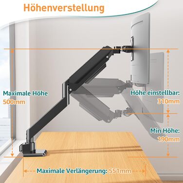 Кріплення для монітора ELIVED EV3227 для моніторів до 49 дюймів, вантажопідйомність до 20 кг, VESA 75/100 мм, газ-амортизатор, регульований нахил, поворот, оберт