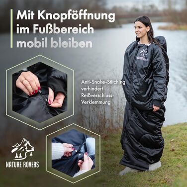 Спальний мішок з рукавами Nature Rovers, чорний, для дорослих, 3 сезони, водонепроникний, з подушкою, 220x80 см