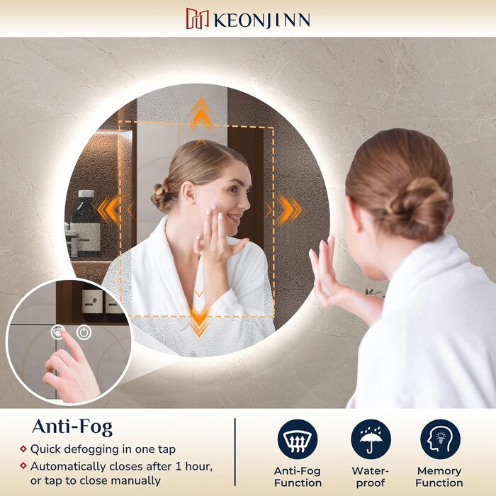 Дзеркало для ванної кімнати Keonjinn кругле, 60см з підсвічуванням, антизапар, сенсорне управління, пам'ять, 3 кольори світла, регулювання яскравості, LED, без рамки