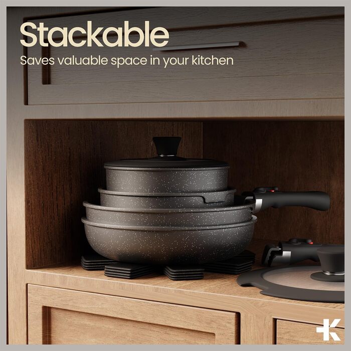 Набір кухонного посуду Bakken 15 предметів з антипригарним покриттям Granit: каструлі та сковорідки, сумісні з усіма плитами, миючі в посудомийній машині та придатні для духовки