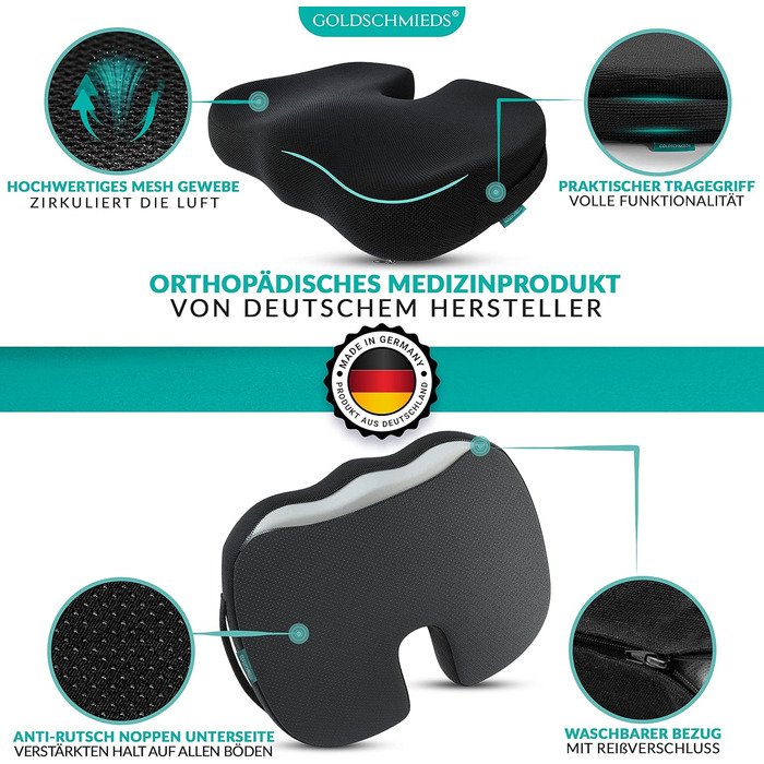 Ортопедична подушка для сидіння Goldschmieds® - для офісного крісла, авто та ін. - Знімає навантаження зі сідничної кістки, знеболює та покращує кровообіг. Made in Germany. Підходить для ваги 50-95 кг. Чорний пінополіуретан (Memory Foam)