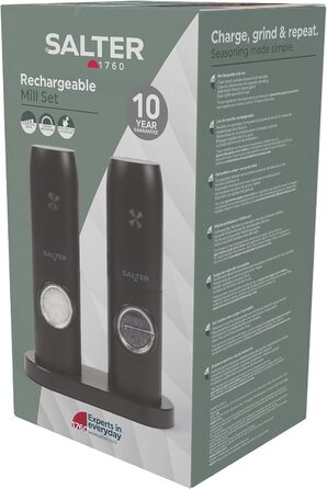 Набір електричних мельниць для солі та перцю Salter - регульований ступінь помолу, прозорі вікна, кнопка, база для зберігання, USB-кабель, керамічний механізм, підсвічувана база