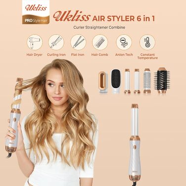 UKLISS 6-в-1 Стайлер для волосся з феном Pro, Набір для укладання волосся: плойка, випрямляч, фен, щітка для укладання, автоматична завивка, іонізація, Airbrush, подарунковий набір для жінок, блакитний (золотий)