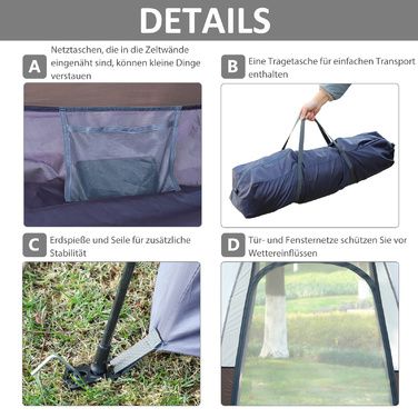 Outsunny Camping Tent 3-4 Person, Family Tent, Dome Tent, 210T PU, Steel, Fiberglass, Gray+Black, 240 x 240 x 195 cm | Aosom