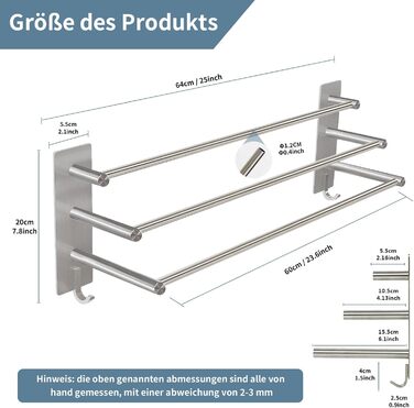 Тримач для рушників Vista з 3-ма перекладинами без свердління, нержавіюча сталь SUS304, сріблястий, з двома гачками, 60 см
