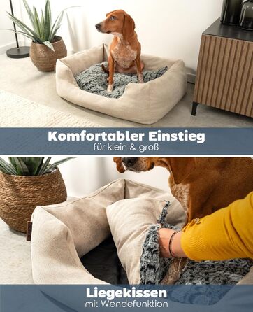 Lionto Dog Cuddler with fluffy reversible cushion, cozy pet bed in heathered design with deep entry for dogs & cats of all sizes, 80x60 cm, soft dog bed, beige