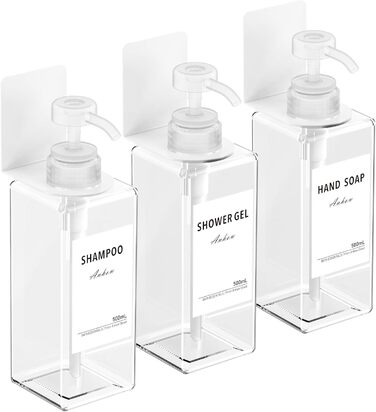 Дозатор мила Anhow 3er PETG для стін, набір з 3 шт. Без свердління, прозорий, 500 мл, з 16 водонепроникними етикетками для кухні/ванної кімнати