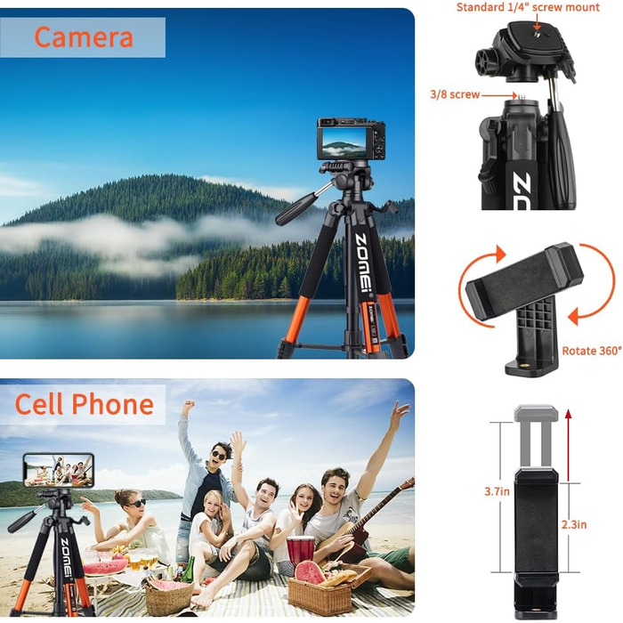 Штатив ZOMEi 188 см - важкий, для професійного відео та фото, сумісний з DSLR, телефонами, проекторами, біноклями, телескопами (чорний, помаранчевий)