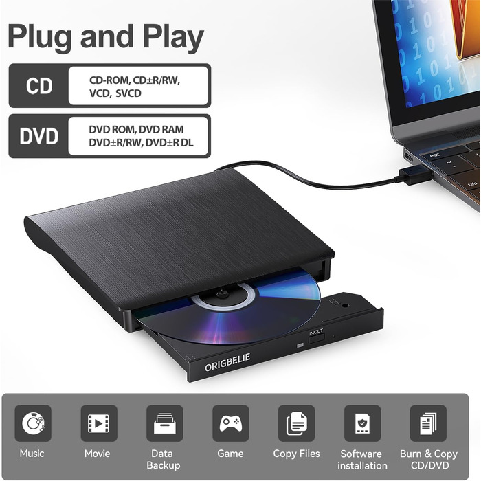Зовнішній DVD-записувач ORIGBELIE USB 3.0, портативний CD-ROM привід +/-RW для ноутбука, ПК, MacBook, Windows, Linux