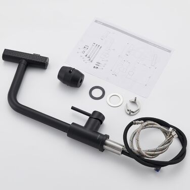 Чорний кухонний змішувач з висувною лійкою, водоспад, високий тиск, 3 режими, поворотний на 360°, з нержавіючої сталі, матовий, для кухні