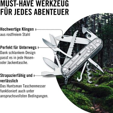 Швейцарський ніж Victorinox Huntsman: мультитул з 15 функціями, ніж, відкривачка для пляшок, консервний ніж, прозора срібляста коробка