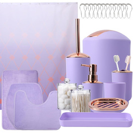 9-Piece Bathroom Accessories Set – Trash Can, Soap Dispenser Set, Soap Dish, Toilet Brush with Holder, Toothbrush Holder, Cup, Tray, Cotton Swab Holder, (Violet Bathroom Set + Shower Curtain + Rugs)