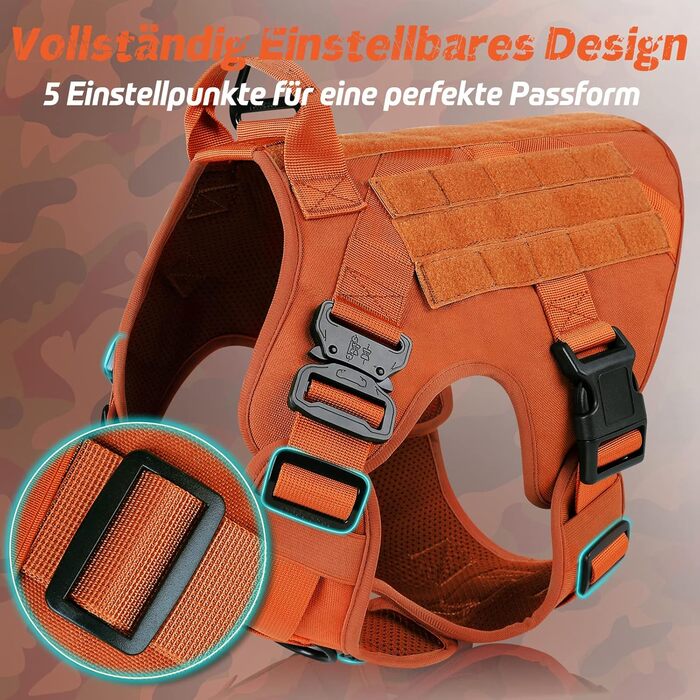 Нагрудник для собак Rabbitgoo великих порід, без натягу, тактичний з MOLLE, металеві пряжки, дихаючий, військовий, регульований, з підкладкою, L (1 шт), помаранчевий