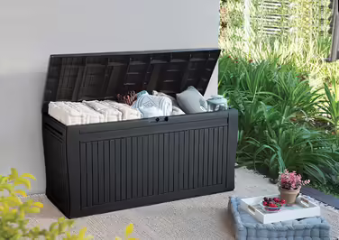 Koll Living Storage Box/Cushion Box 270 Liters Color: Graphite l 100% Waterproof l with ventilation, preventing unpleasant odors/mold l Modern wood-look design l Lid loadable up to 250 KG (2 people)