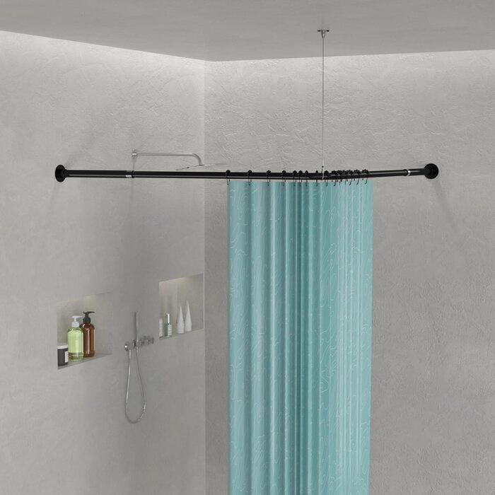 Штанга для душу L-подібної форми, розсувна, 62–94 x 141–174 см, з 16 кільцями, для ванни/душу, чорний нержавіючий сталь