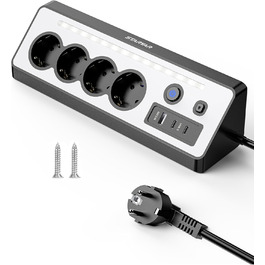 Мережевий адаптер з USB та 2 Type-C, 4 розетки, 16A, 3680W, з вимикачами, захист від перенапруги, LED, для кухні/офісу, білий/чорний