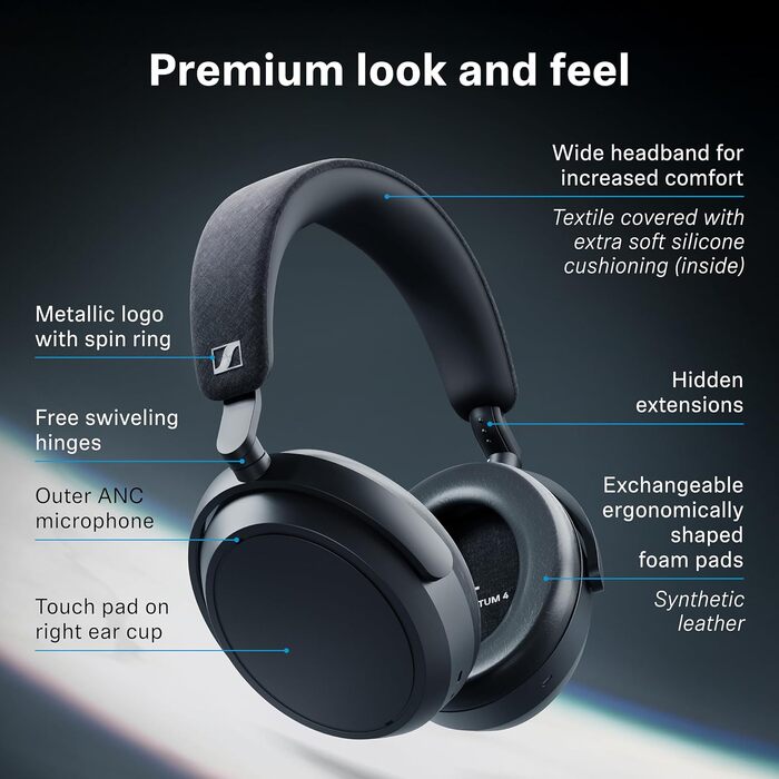Навушники бездротові Sennheiser Momentum 4 Wireless Noise Cancelling – Bluetooth, з активним шумозаглушенням, чорні