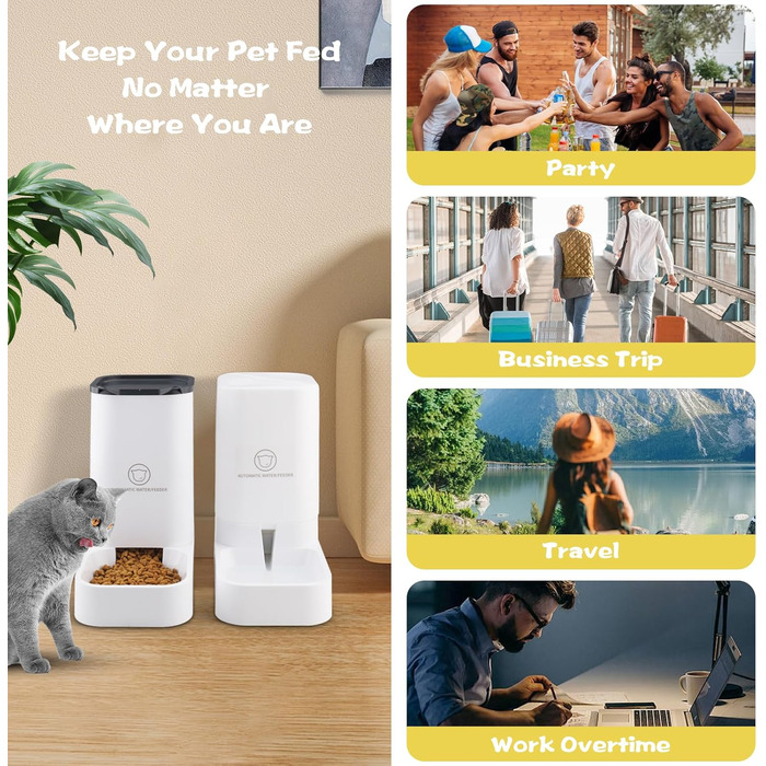 Автоматичний годівниця для котів, 2.1 кг, годівниця та диспенсер води для собак 3.8 л, без електромережі, без PBA, для подорожей, білий
