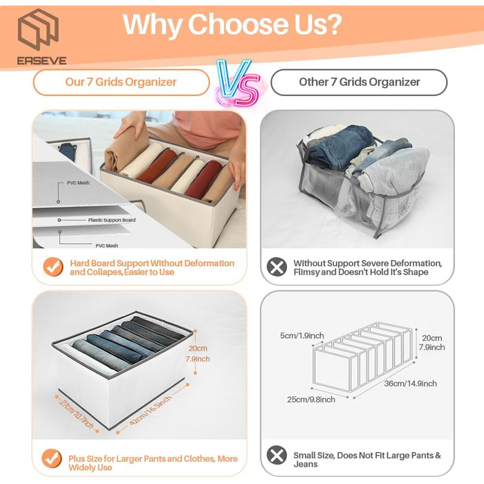 6-Piece Closet Organizer Clothes Storage - 7 Compartments Foldable Drawer Organization System Clothing Storage Boxes for Pants, Jeans, Shirts, Sweaters, Tops