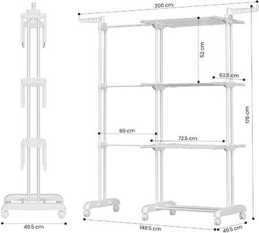 Сушарка для білизни Oak & Tea Turm, 83-200 см, з висувними крилами, XXL, 4 яруси, з колесами, для дому та вулиці, біла