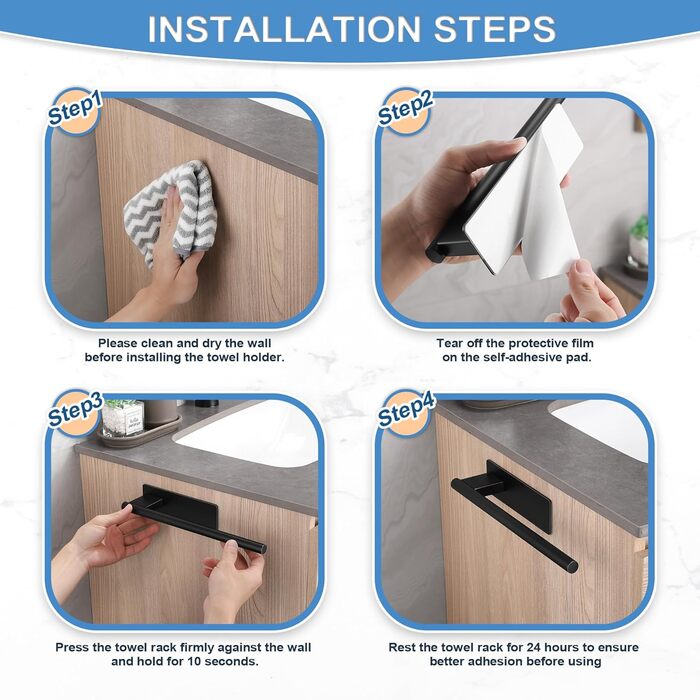 Тримач для рушників без свердління, подвійний, 304 нержавіюча сталь, рушник-перекладина з двома підлокотниками, самоклеючий, для гостьових рушників, монтаж на стіну для ванної кімнати та кухні (#8 Чорний)