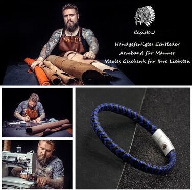 Чоловічий шкіряний браслет Casisto.J з нержавіючою сталлю, плетений, з магнітною застібкою (19 см, індивідуальна гравіювання, блакитний & чорний)