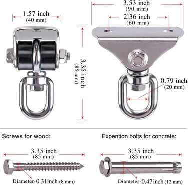 BeneLabel 2-Pack Heavy-Duty Ceiling Hook, Hammock Attachment, Stainless Steel 360° Swivel Hanging Chair Suspension Silent Bushing Screw for Wooden Beams/Concrete Ceilings Yoga Punching Bag Ceiling Bracket, Up to 726kg